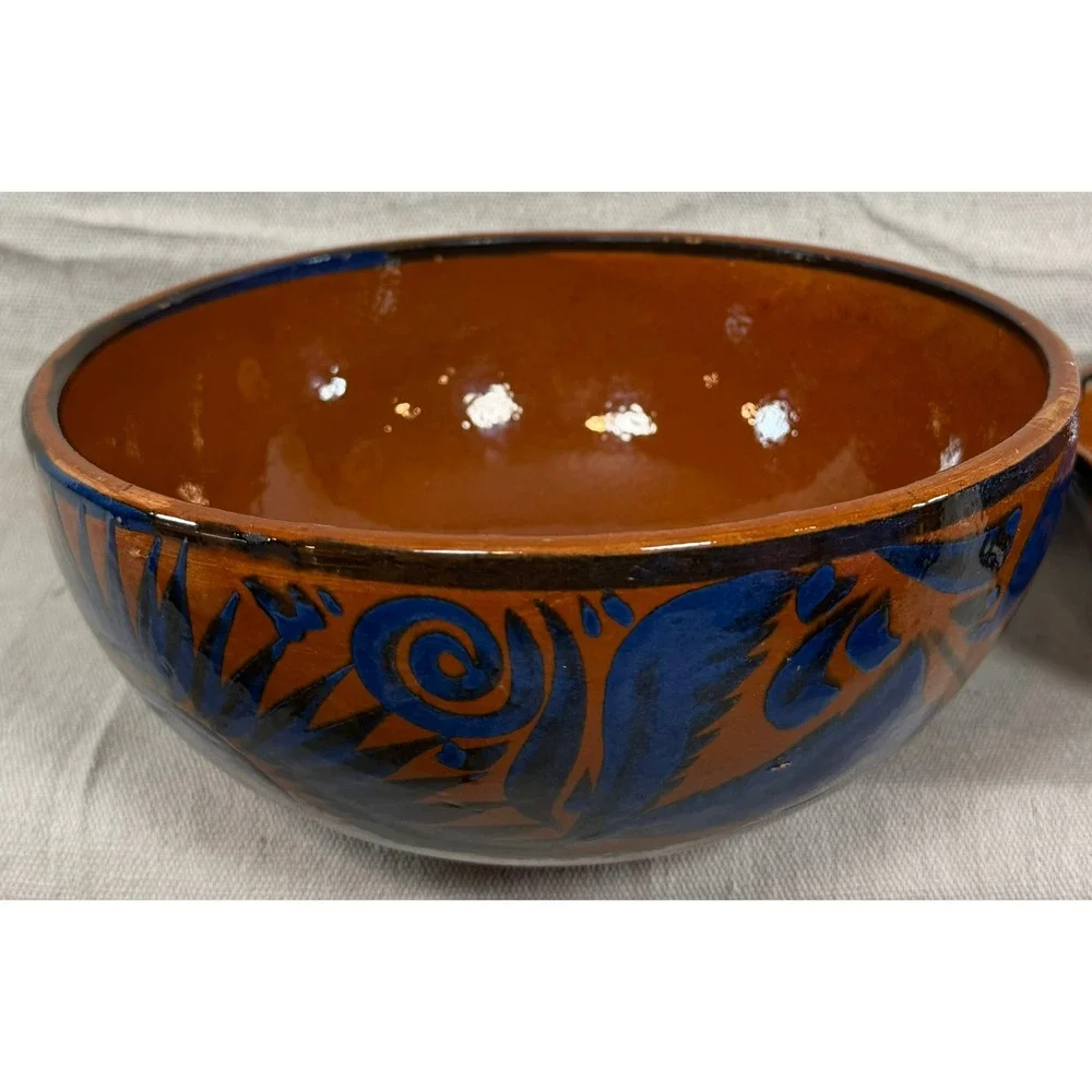 Vintage Handmade Mexican Tonala Pottery Nesting Bowls Set of 3 Terracotta Blue
